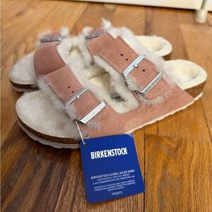 Birkenstock Pink Suede Leather and Shearling Arizona Sandals